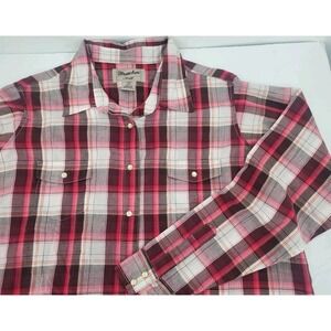 Wrancher by Wrangler Pearl Snap Shirt Women's XXL Pink Beige Plaid Long Sleeve